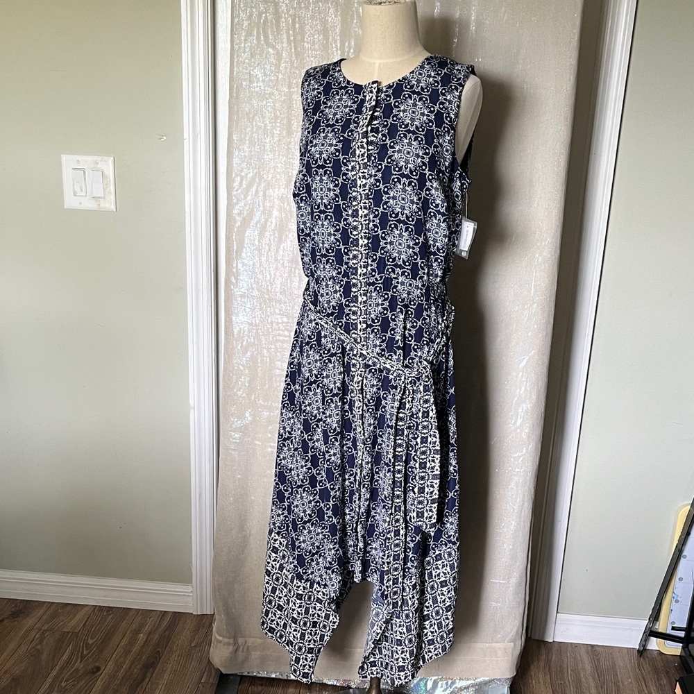 Navy Blue & White Asymmetric Sleeveless Printed Midi Dress